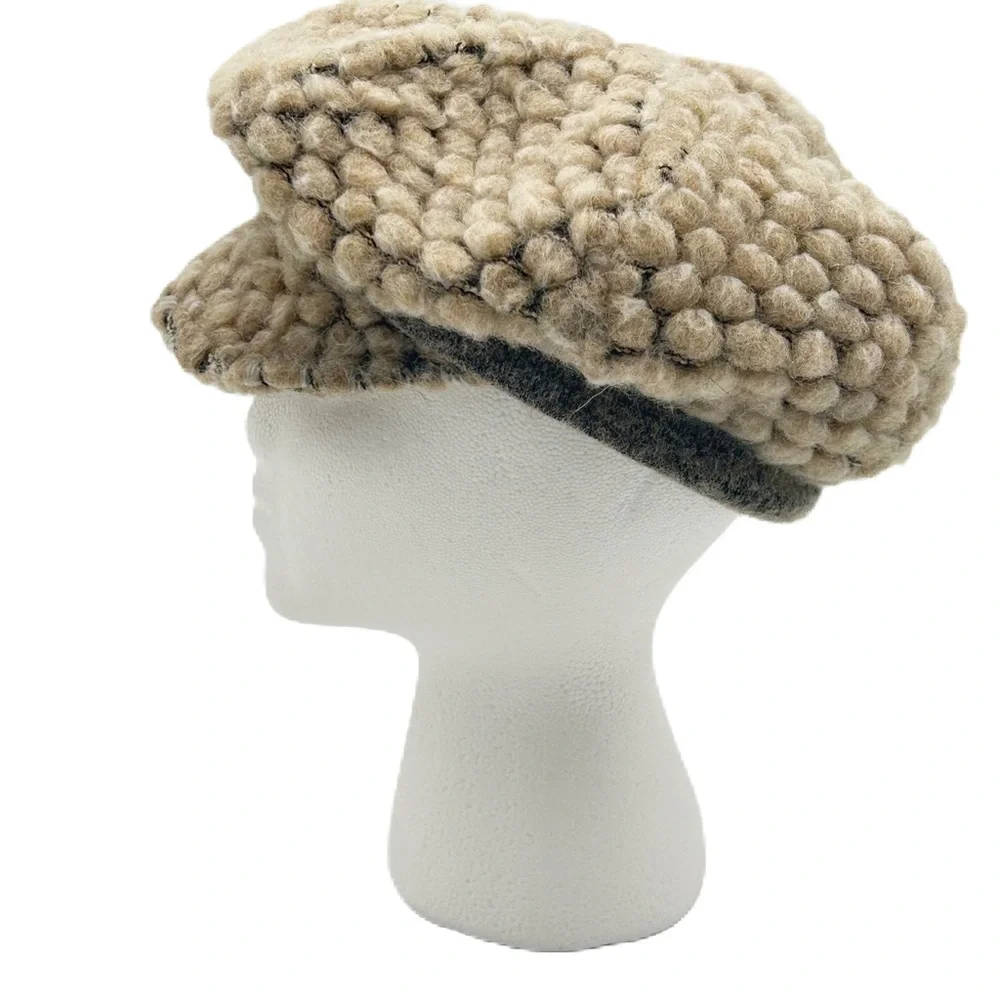 LaFenice Wool Blend Paperboy Cap Hat O/S Brim Slouchy Tan Gray Italy Artsy Boho - Picture 3 of 9